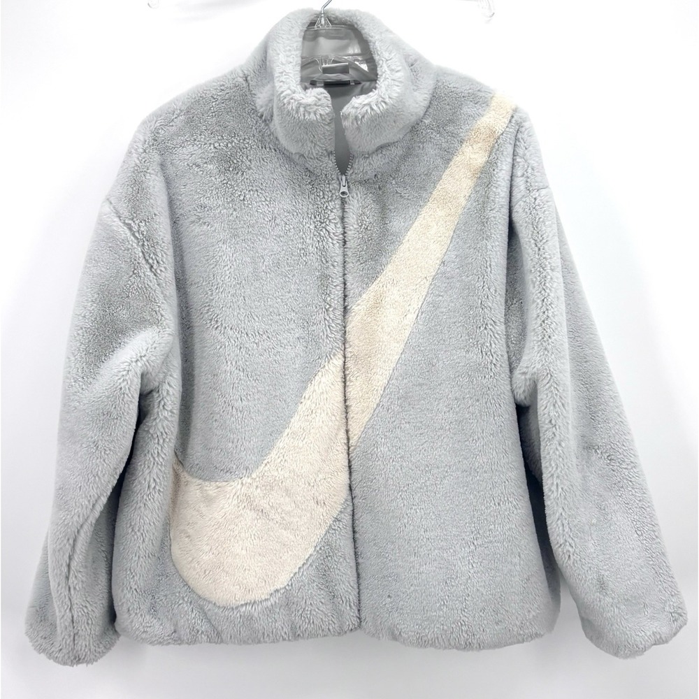 Nike Big Swoosh Luxe Faux Fur Jacket Women's Size XL Photon Dust Cashmere